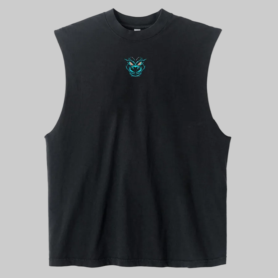 Black sleeveless shirt with a blue graphic on a white background