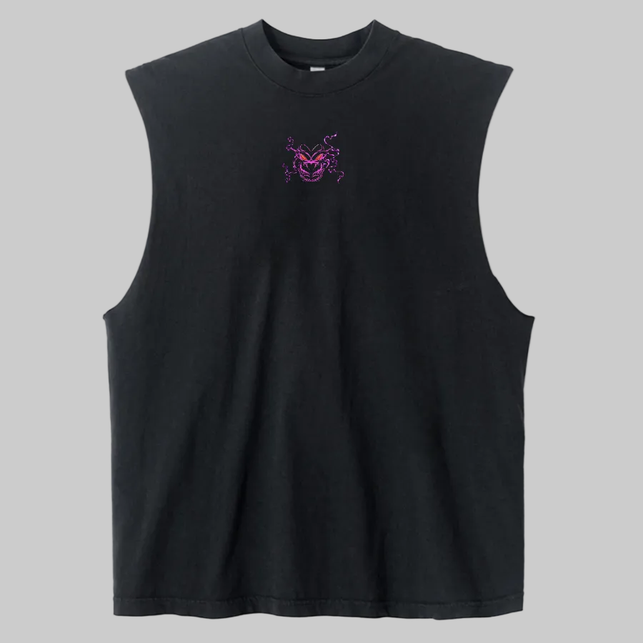 Black sleeveless shirt with a purple logo on a white background
