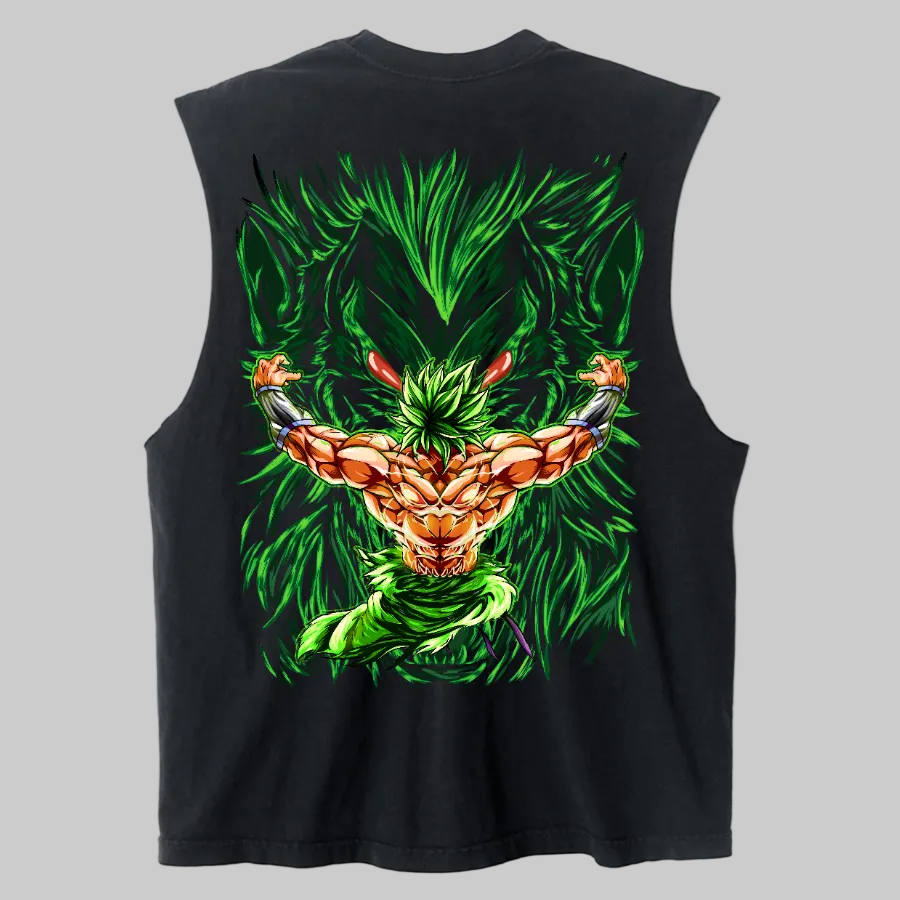 Black sleeveless shirt with a green and orange graphic design on the back