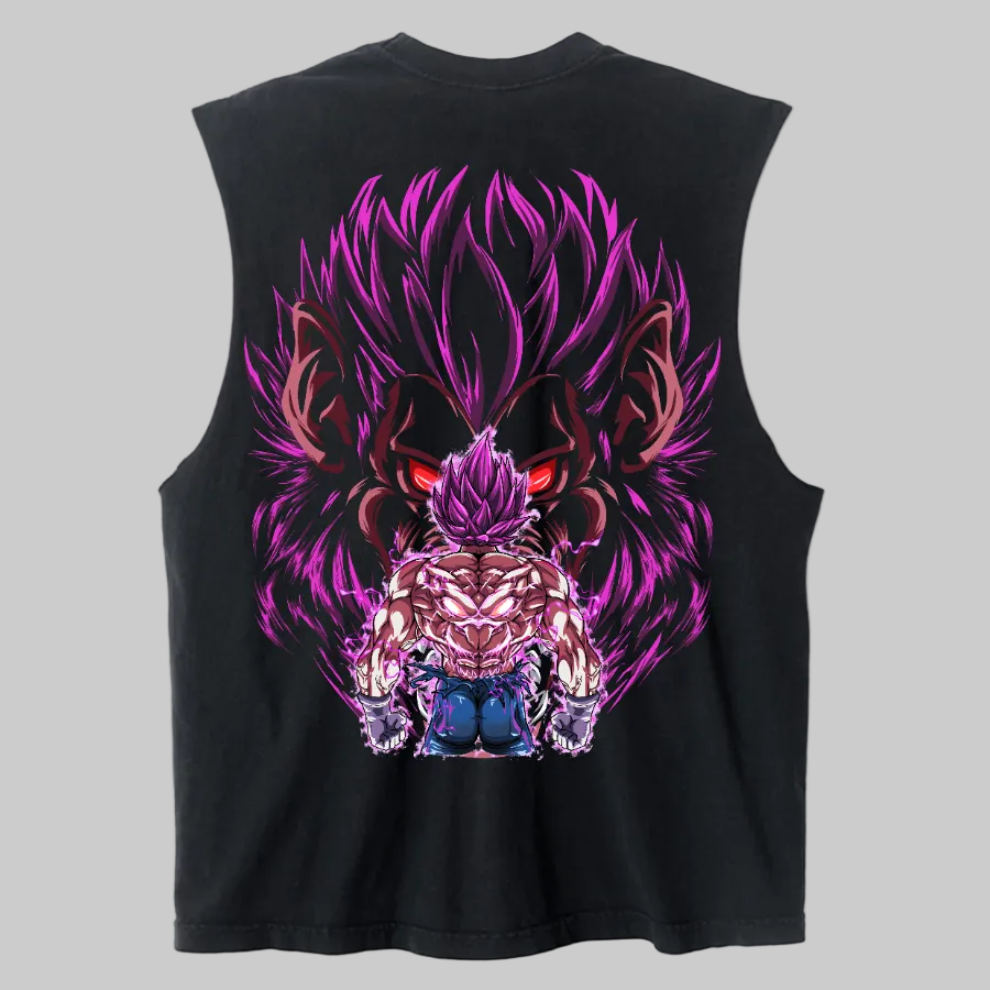 Black sleeveless shirt with a dragon design on the back against a white background