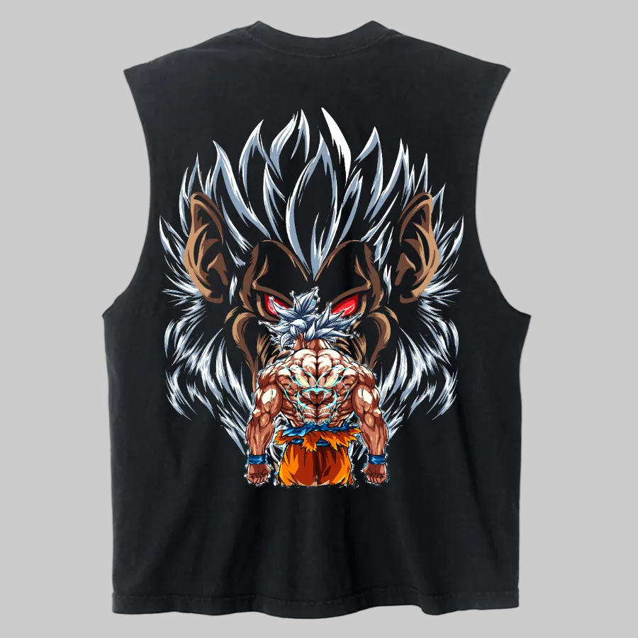 Black sleeveless shirt with a colorful graphic of a wolf-like creature on a white background