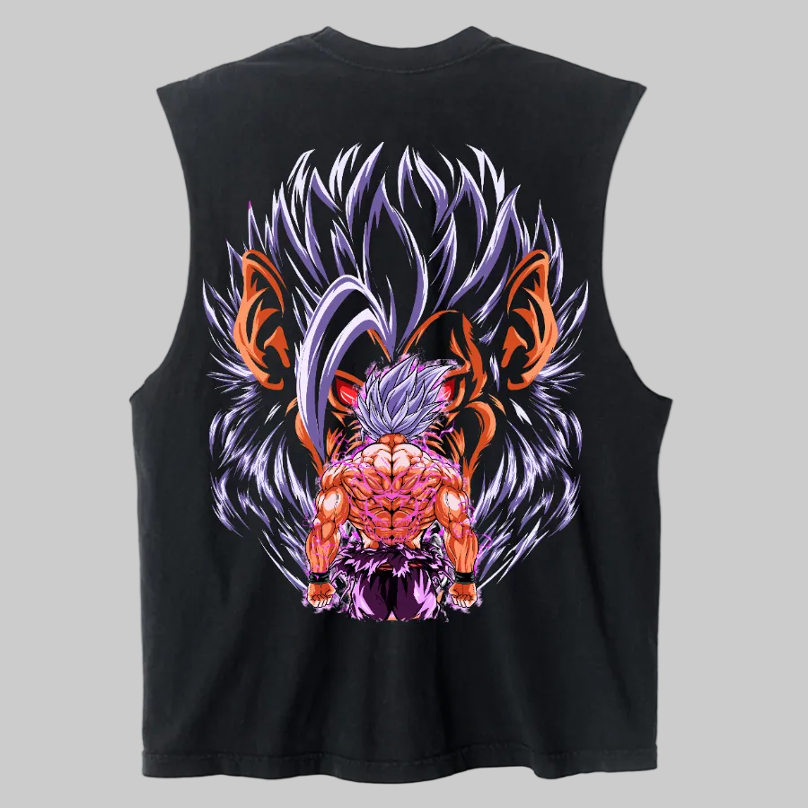 Black sleeveless shirt with a colorful graphic design on the back